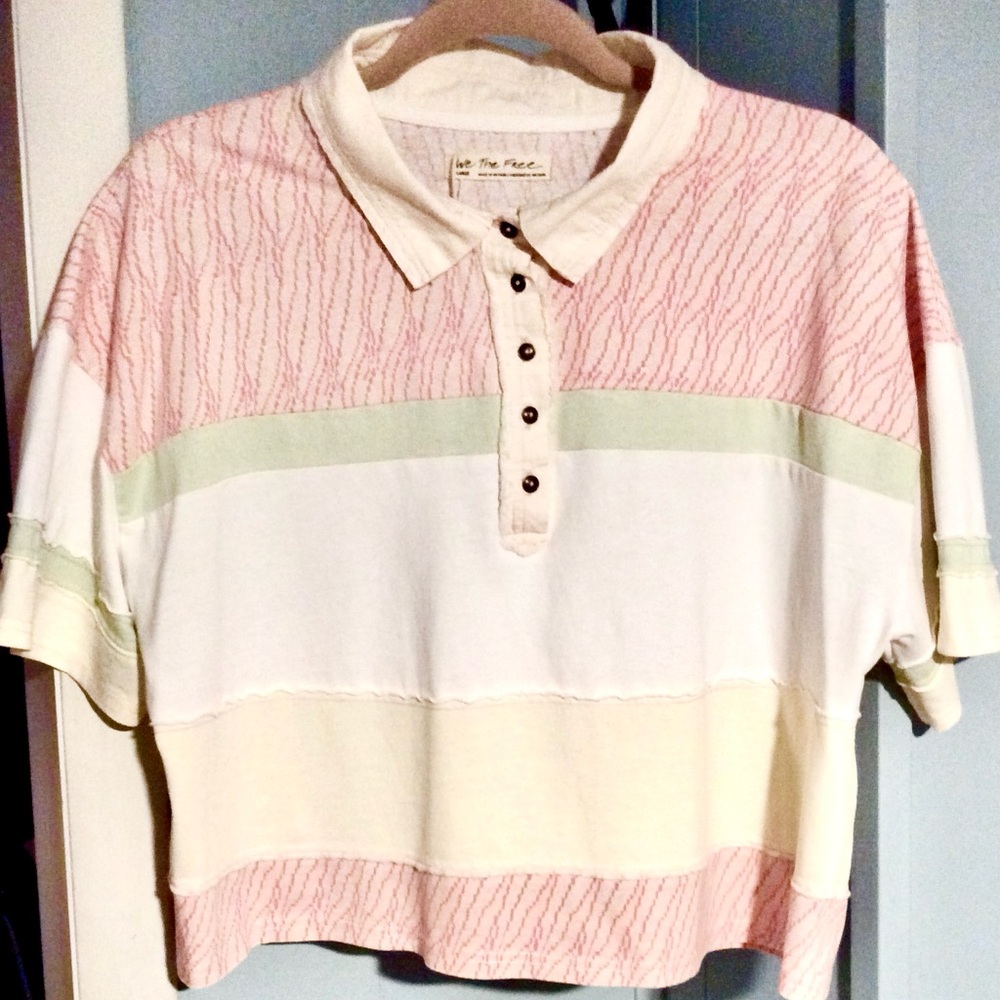 Free People Bella Pink and White Striped Slightly Cropped Polo Top